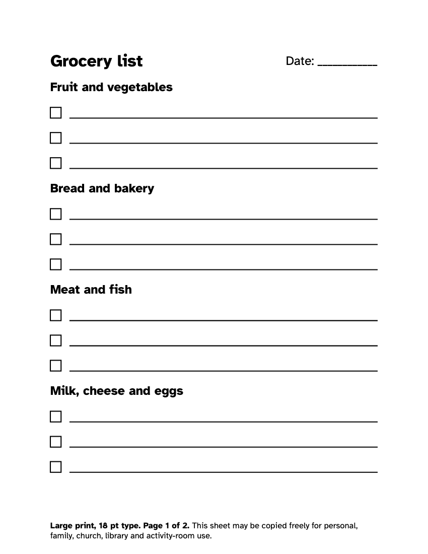 Preview of the Large Print Grocery List: Free Printable Shopping List printable, page 1, 18 point type on US Letter paper
