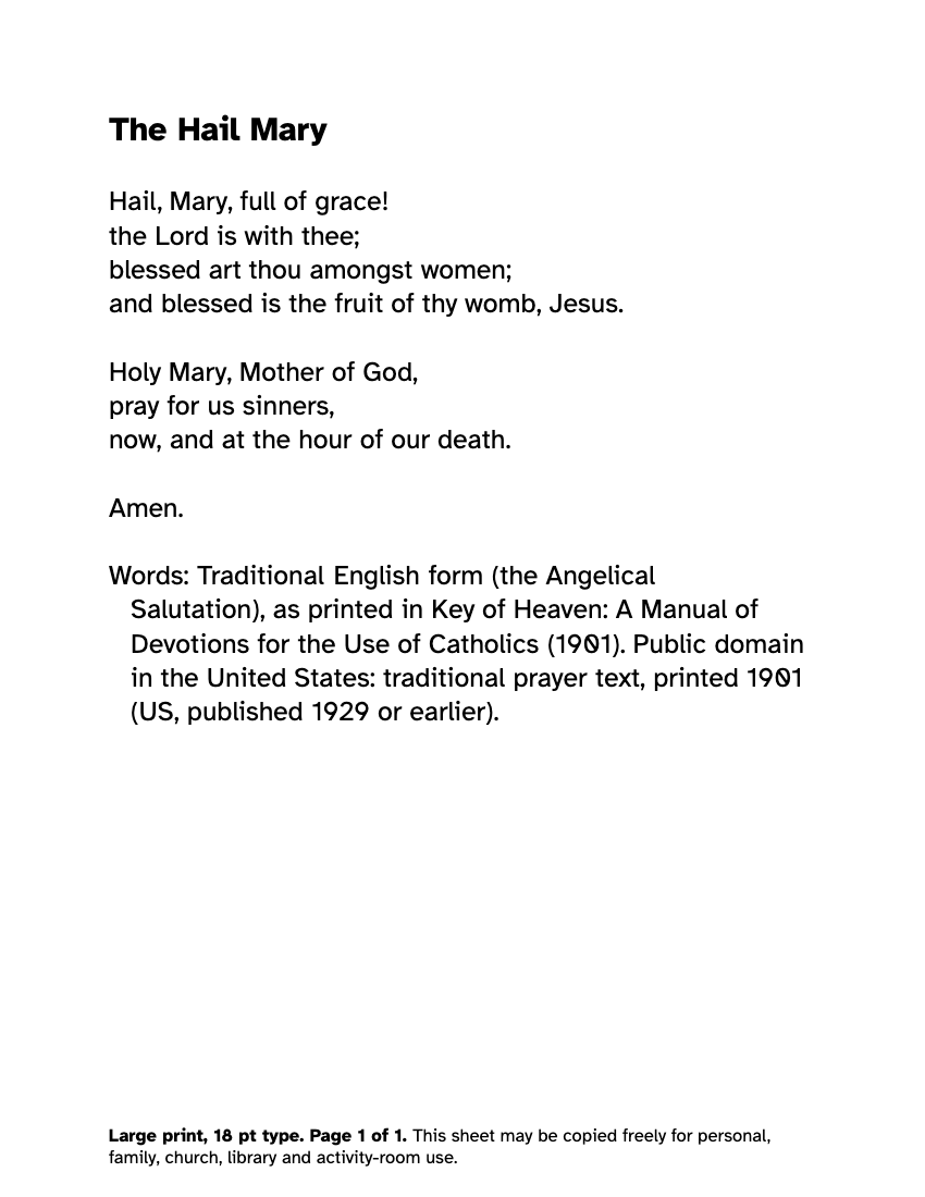 Preview of the Large Print Hail Mary: Free Printable PDF printable, page 1, 18 point type on US Letter paper