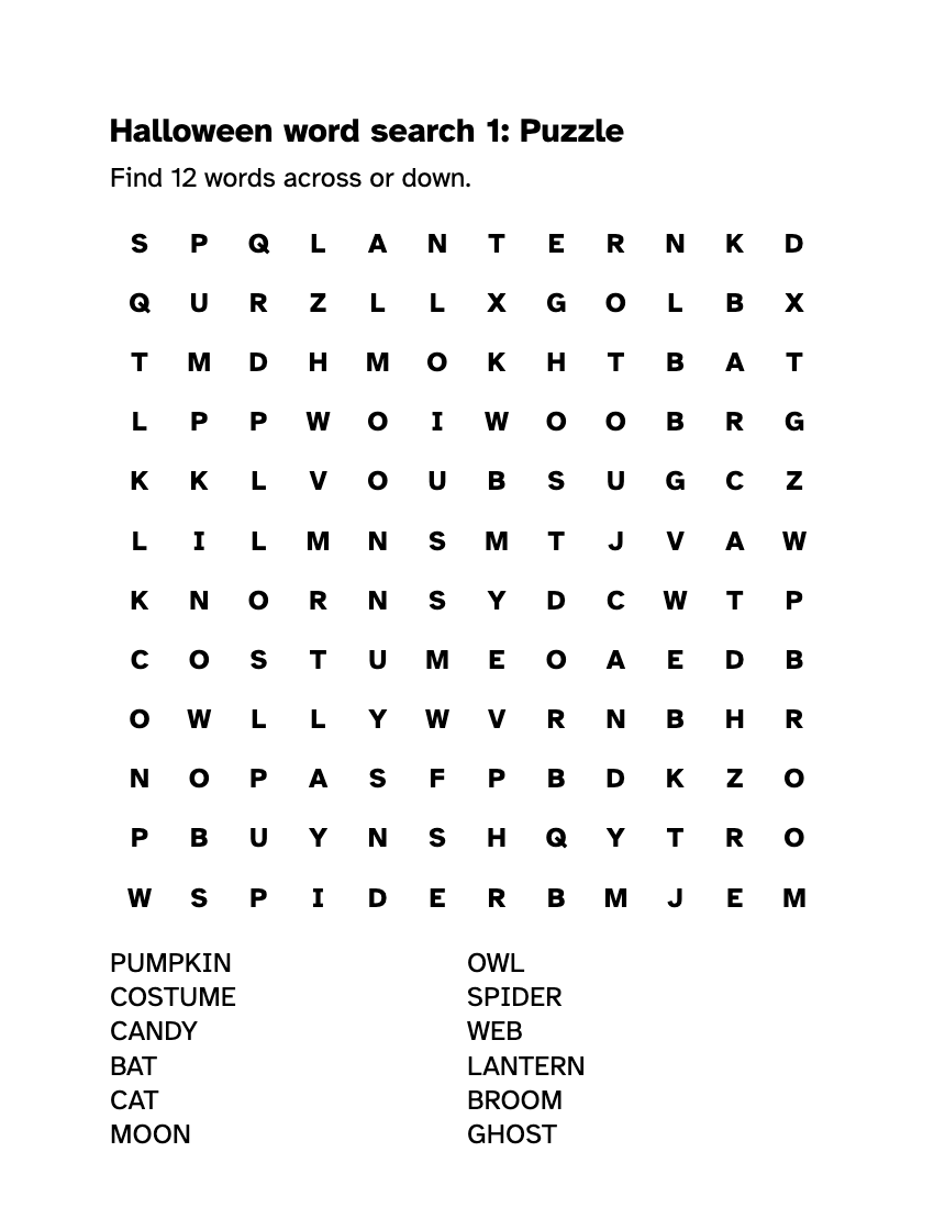 Preview of the Large Print Halloween Word Search: Free PDF printable, page 1, 18 point type on US Letter paper