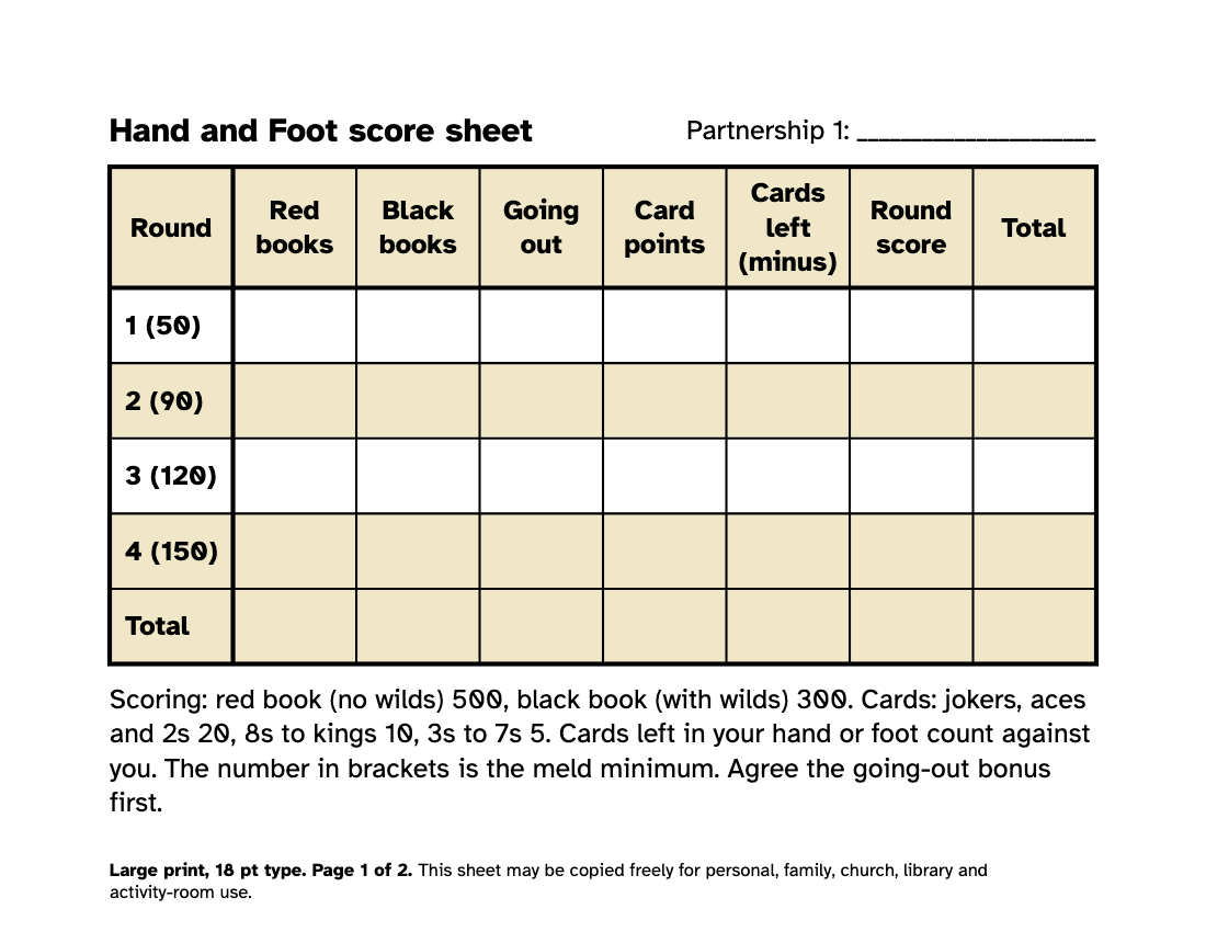 Preview of the Large Print Hand and Foot Score Sheet: Free PDF printable, page 1, 18 point type on US Letter paper