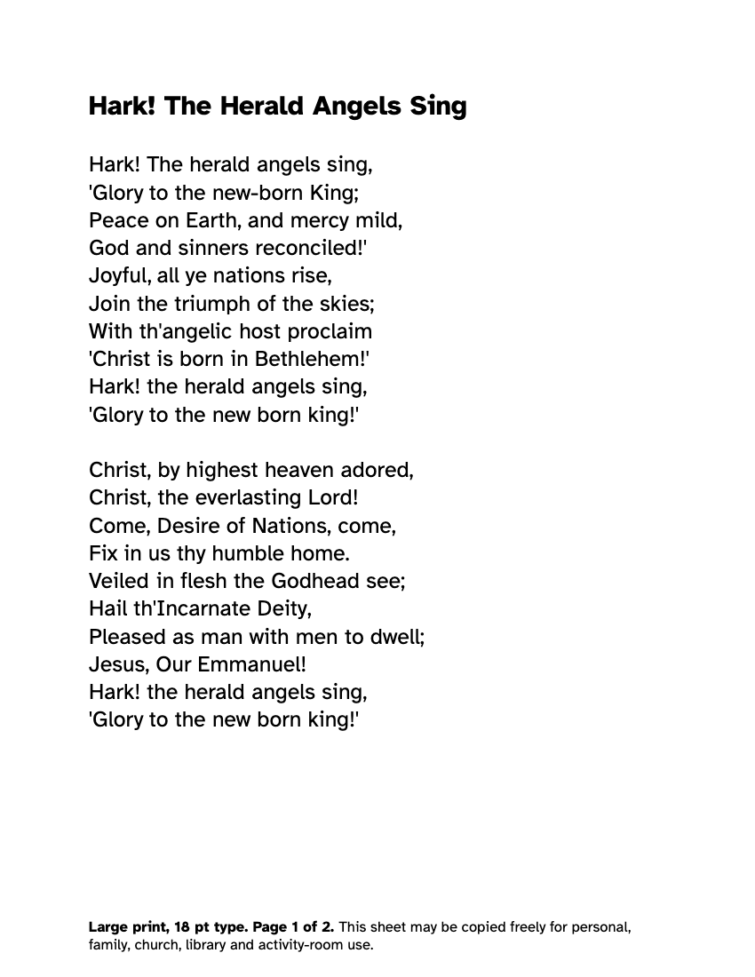Preview of the Hark! The Herald Angels Sing Lyrics in Large Print: Free PDF printable, page 1, 18 point type on US Letter paper