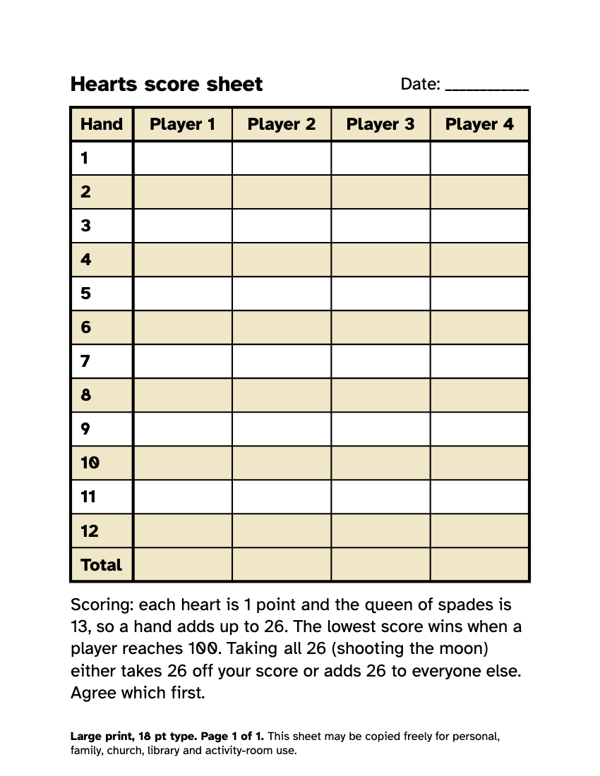Preview of the Large Print Hearts Score Sheet: Free Printable PDF printable, page 1, 18 point type on US Letter paper