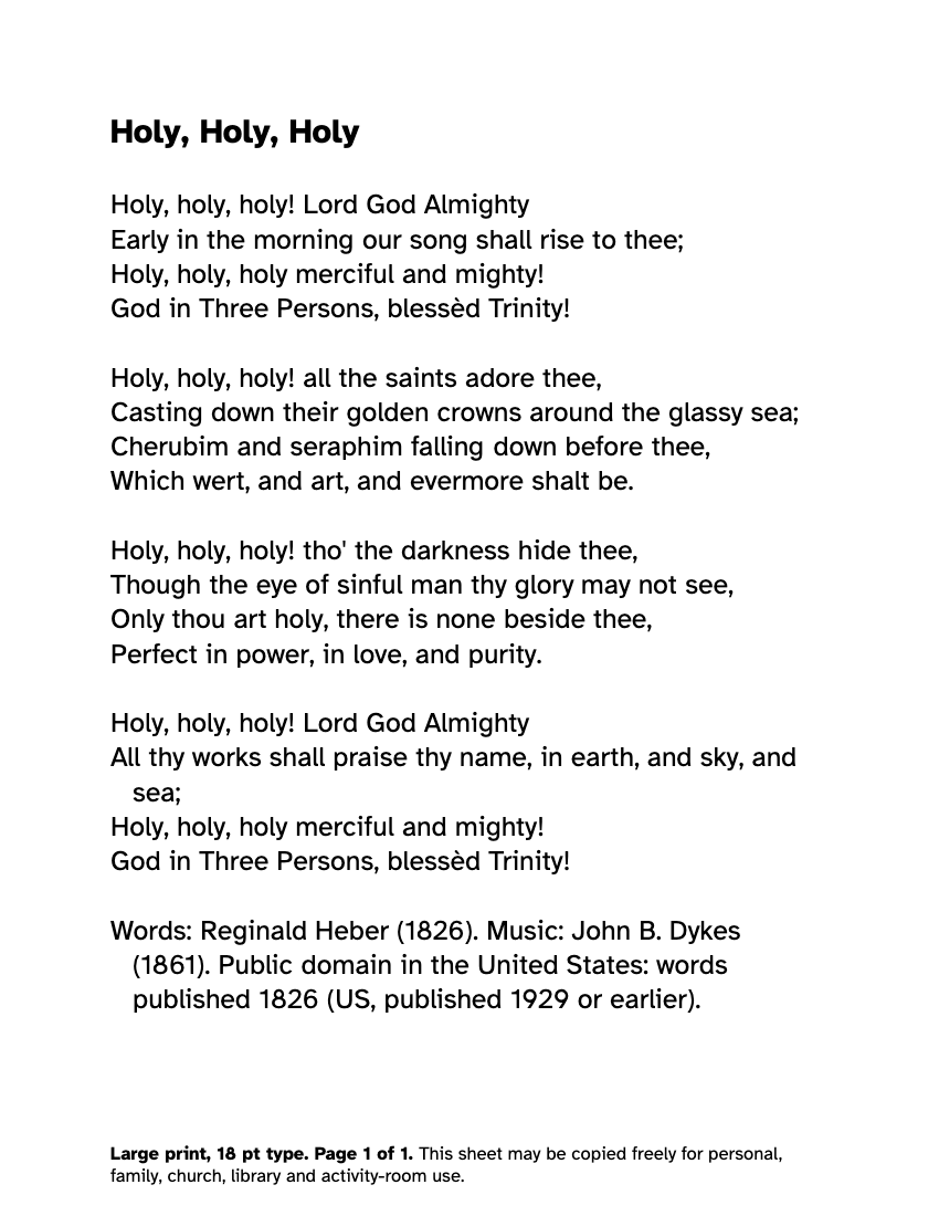 Preview of the Holy, Holy, Holy Lyrics in Large Print: Free Printable PDF printable, page 1, 18 point type on US Letter paper