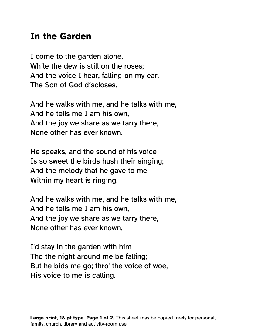 Preview of the In the Garden Lyrics in Large Print: Free Printable PDF printable, page 1, 18 point type on US Letter paper