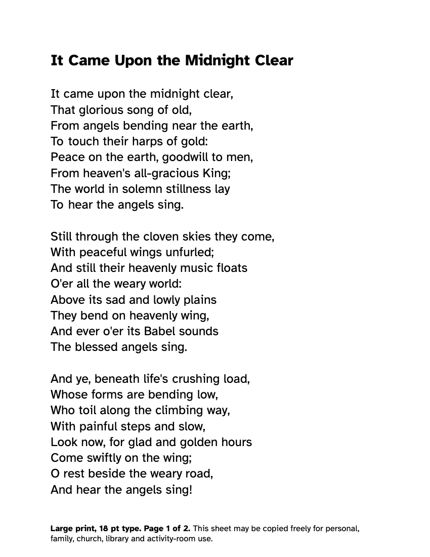 Preview of the It Came Upon the Midnight Clear Large Print Lyrics: Free PDF printable, page 1, 18 point type on US Letter paper