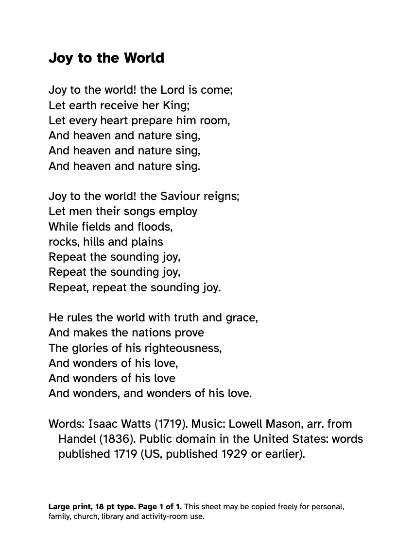 Preview of the Joy to the World Lyrics in Large Print: Free Printable PDF printable, page 1, 18 point type on US Letter paper