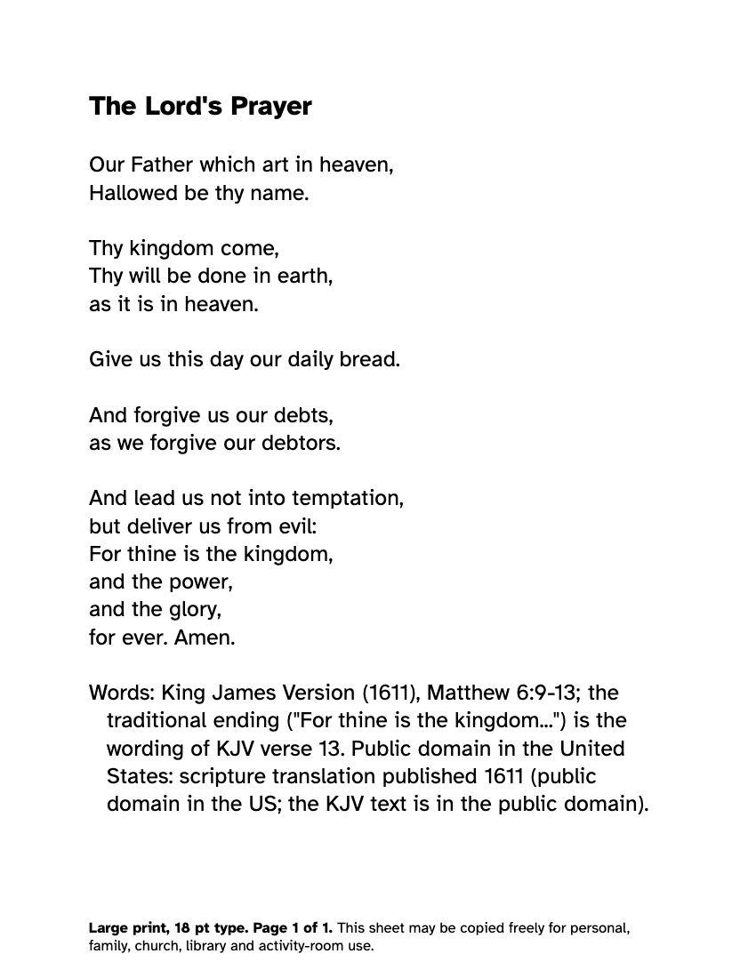 Preview of the Large Print Lord's Prayer: Free Printable PDF printable, page 1, 18 point type on US Letter paper