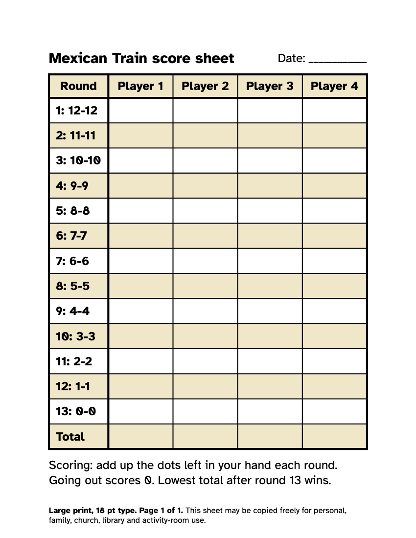 Preview of the Large Print Mexican Train Score Sheet: Free PDF printable, page 1, 18 point type on US Letter paper