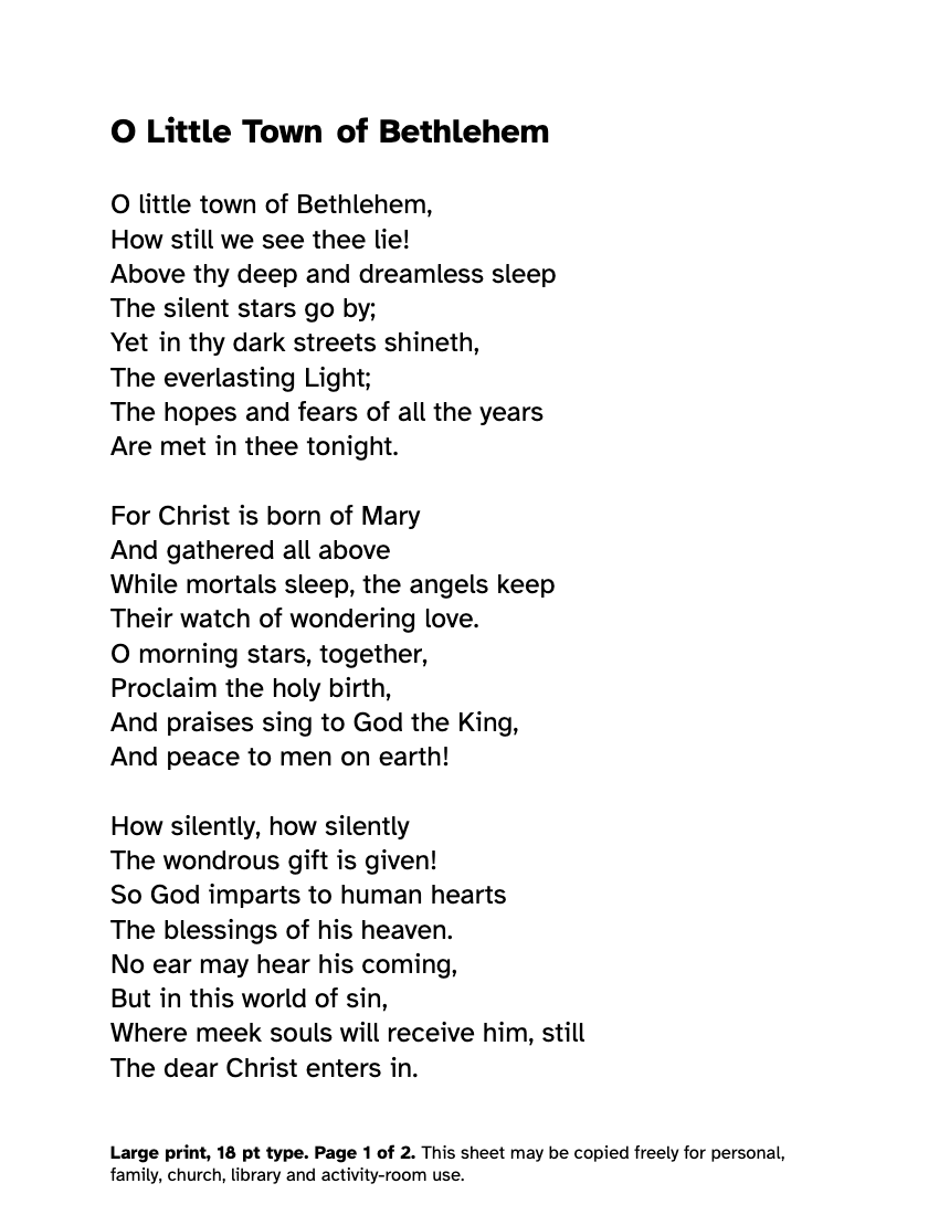 Preview of the O Little Town of Bethlehem Lyrics in Large Print: Free PDF printable, page 1, 18 point type on US Letter paper