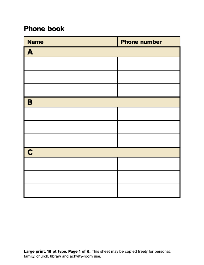 Preview of the Large Print Phone Book: Free Printable PDF printable, page 1, 18 point type on US Letter paper