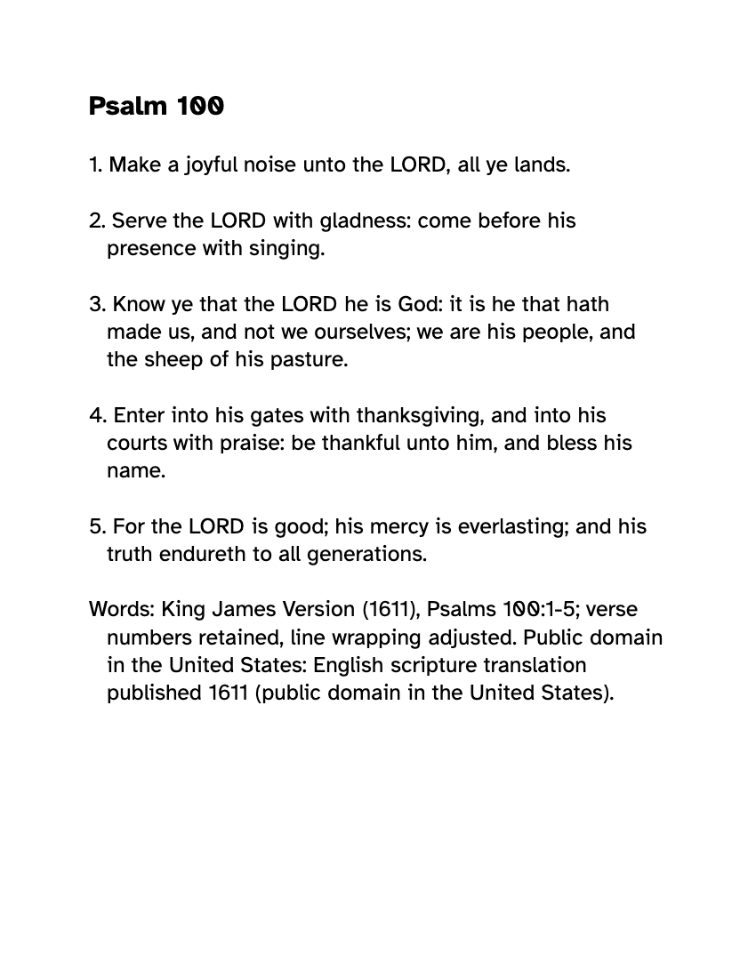 Preview of the Large Print Psalm 100 KJV: Free Printable PDF printable, page 1, 18 point type on US Letter paper