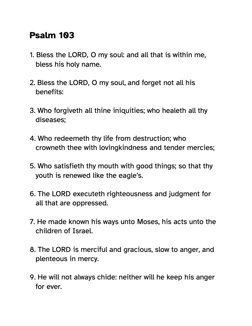 Preview of the Large Print Psalm 103 KJV: Free Printable PDF printable, page 1, 18 point type on US Letter paper