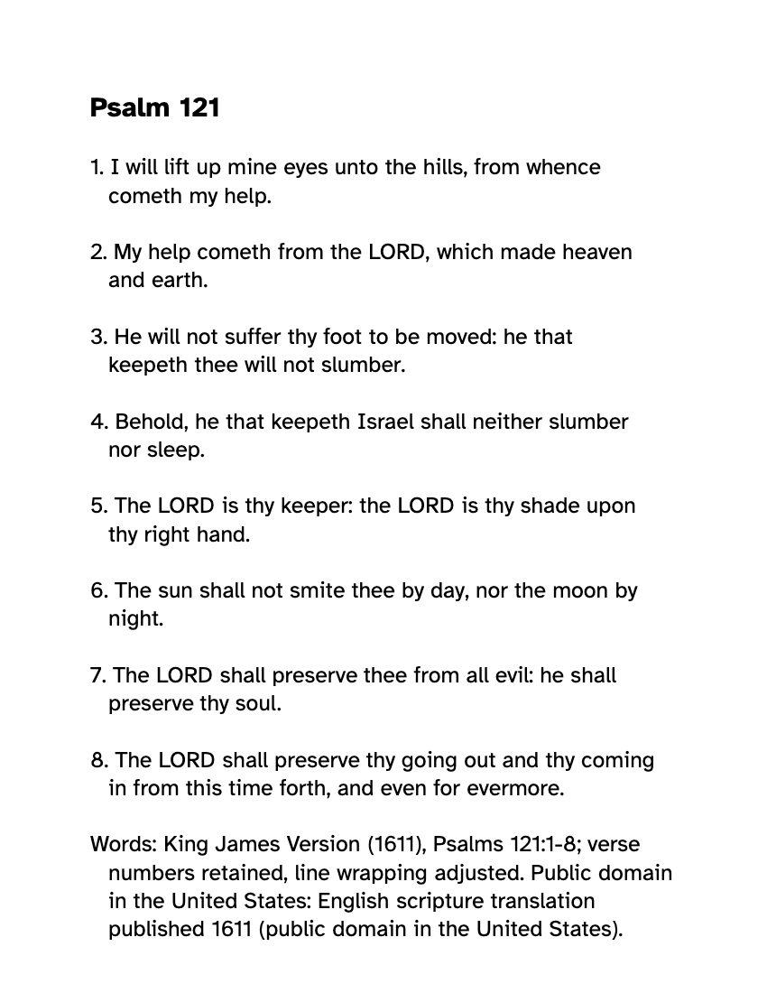 Preview of the Large Print Psalm 121 KJV: Free Printable PDF printable, page 1, 18 point type on US Letter paper