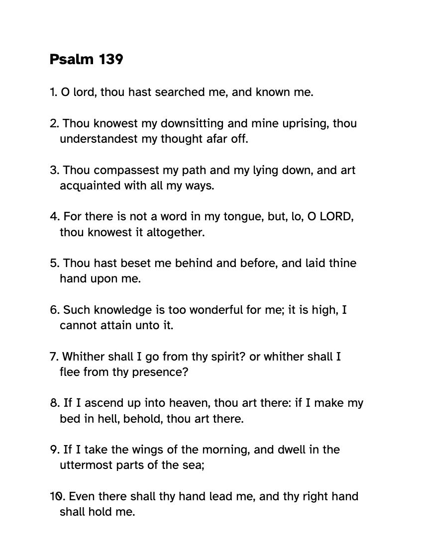 Preview of the Large Print Psalm 139 KJV: Free Printable PDF printable, page 1, 18 point type on US Letter paper
