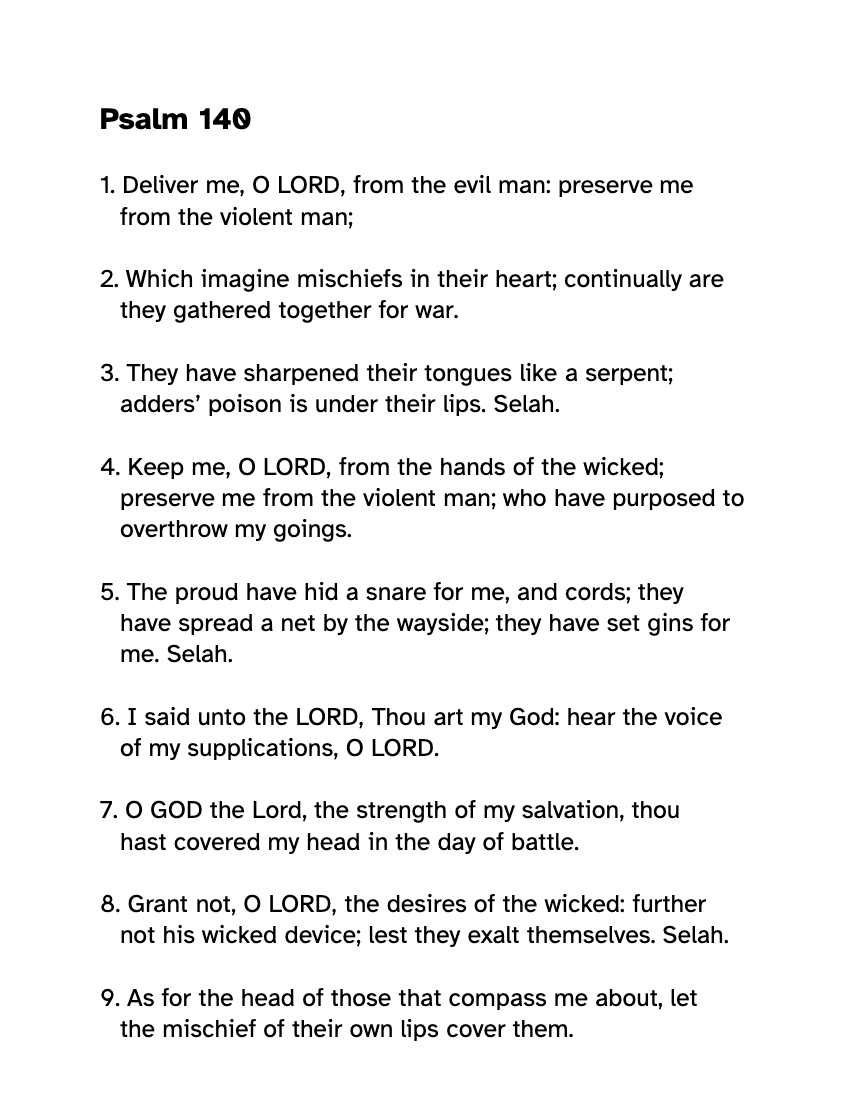 Preview of the Large Print Psalm 140 KJV: Free Printable PDF printable, page 1, 18 point type on US Letter paper