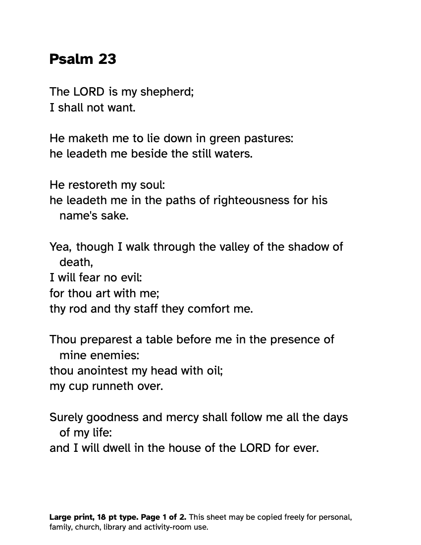 Preview of the Large Print Psalm 23: Free Printable PDF printable, page 1, 18 point type on US Letter paper