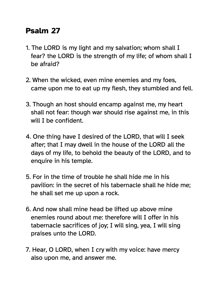 Preview of the Large Print Psalm 27 KJV: Free Printable PDF printable, page 1, 18 point type on US Letter paper