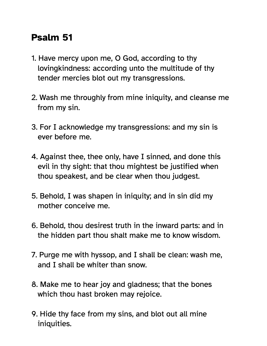 Preview of the Large Print Psalm 51 KJV: Free Printable PDF printable, page 1, 18 point type on US Letter paper