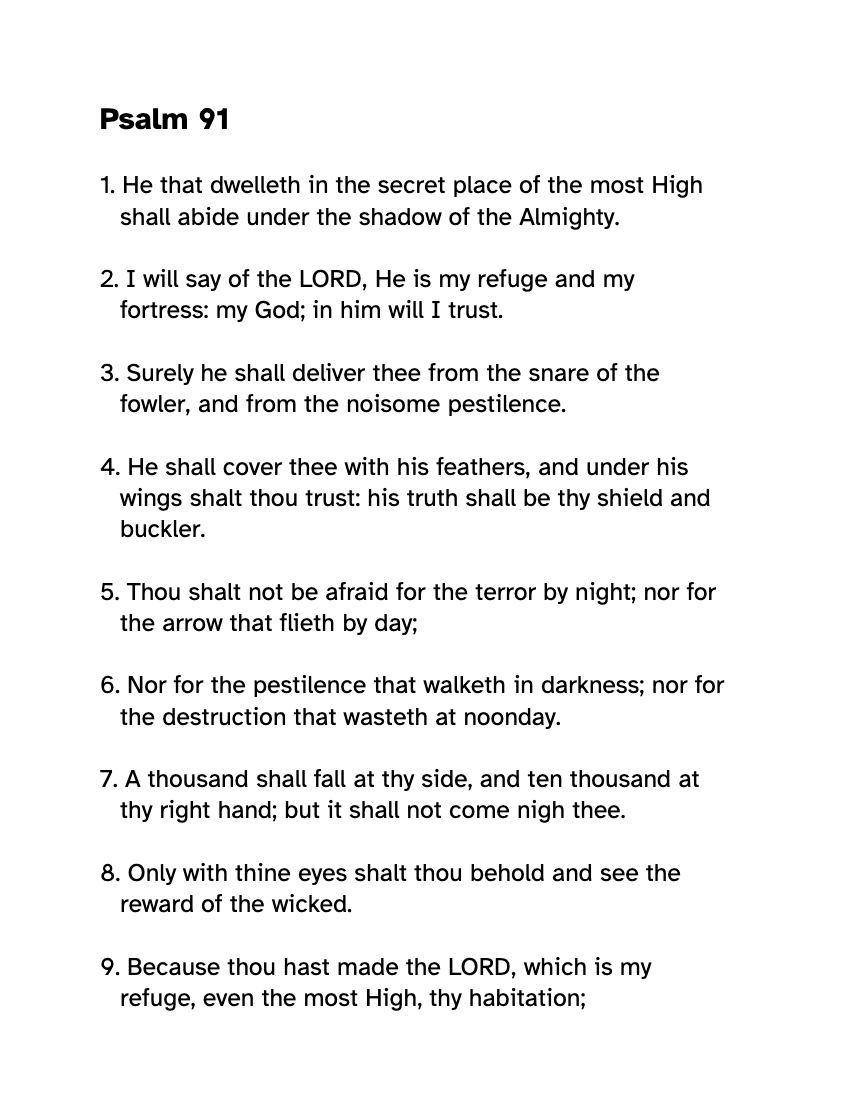 Preview of the Large Print Psalm 91 KJV: Free Printable PDF printable, page 1, 18 point type on US Letter paper