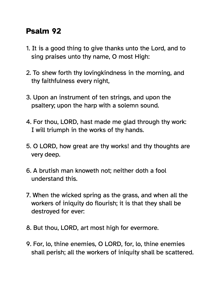 Preview of the Large Print Psalm 92 KJV: Free Printable PDF printable, page 1, 18 point type on US Letter paper