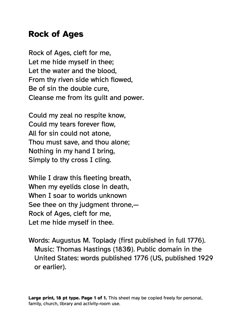 Preview of the Rock of Ages Lyrics in Large Print: Free Printable PDF printable, page 1, 18 point type on US Letter paper