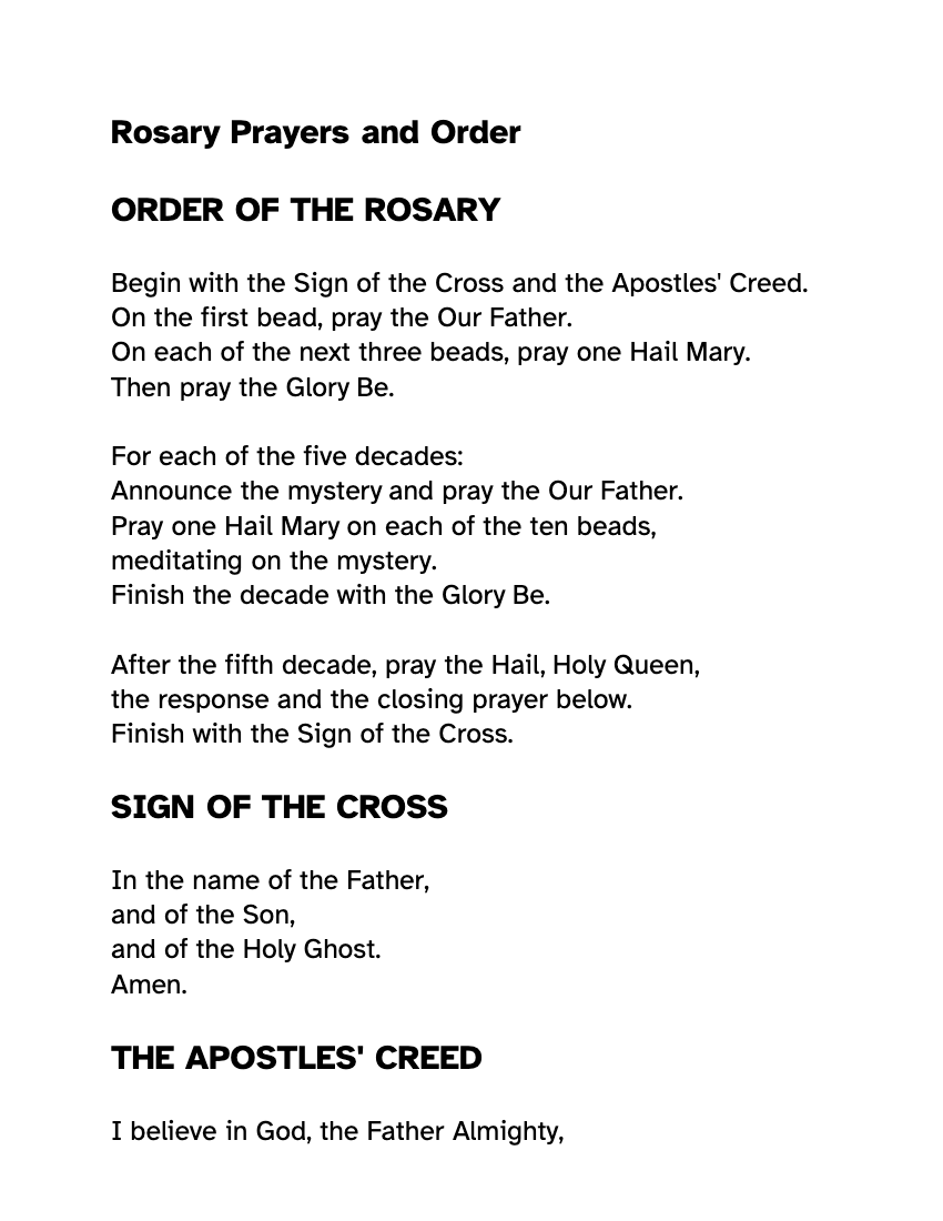 Preview of the Large Print Rosary Prayers and Order: Free PDF printable, page 1, 18 point type on US Letter paper