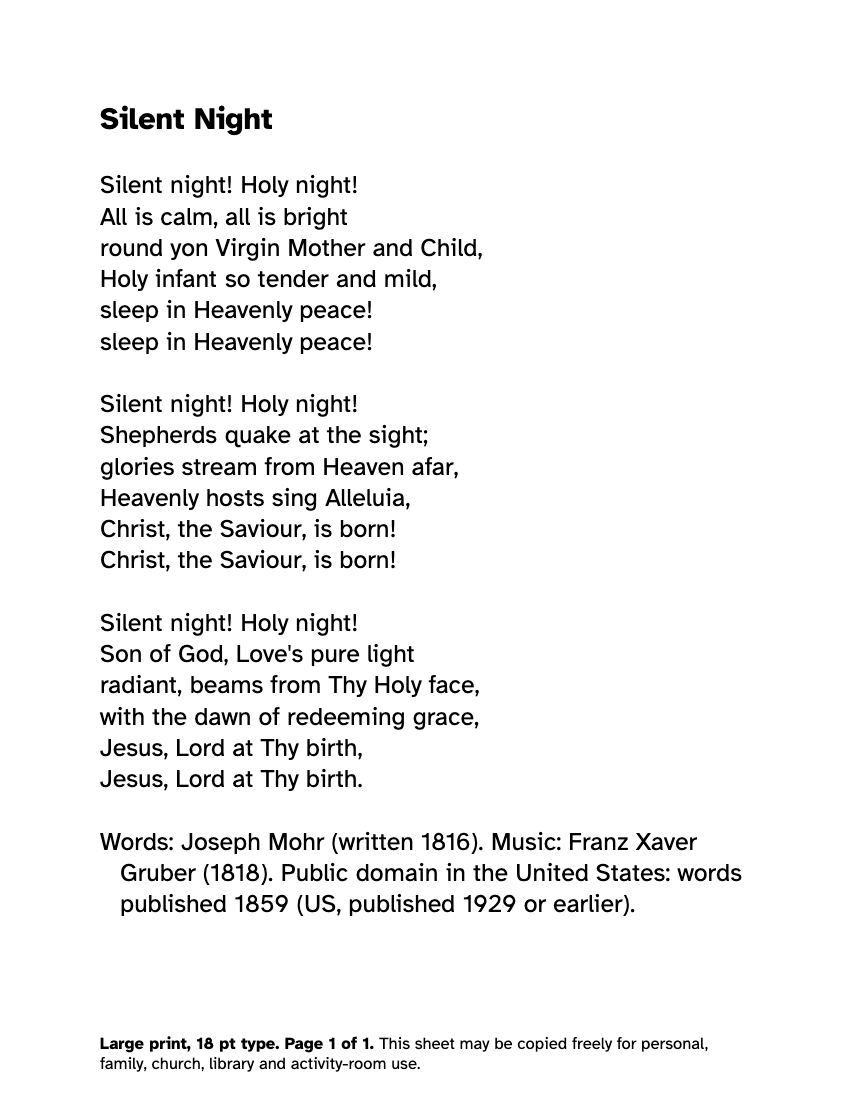 Preview of the Silent Night Lyrics in Large Print: Free Printable PDF printable, page 1, 18 point type on US Letter paper
