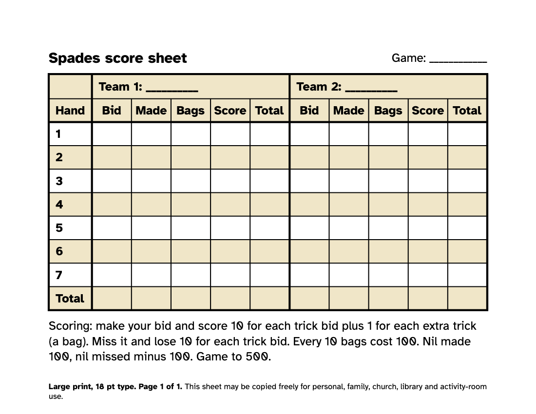Preview of the Large Print Spades Score Sheet: Free Printable PDF printable, page 1, 18 point type on US Letter paper
