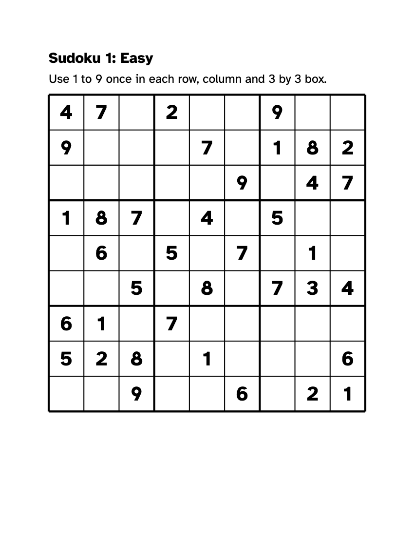 Preview of the Large Print Sudoku: Free Printable PDF with Answers printable, page 1, 18 point type on US Letter paper