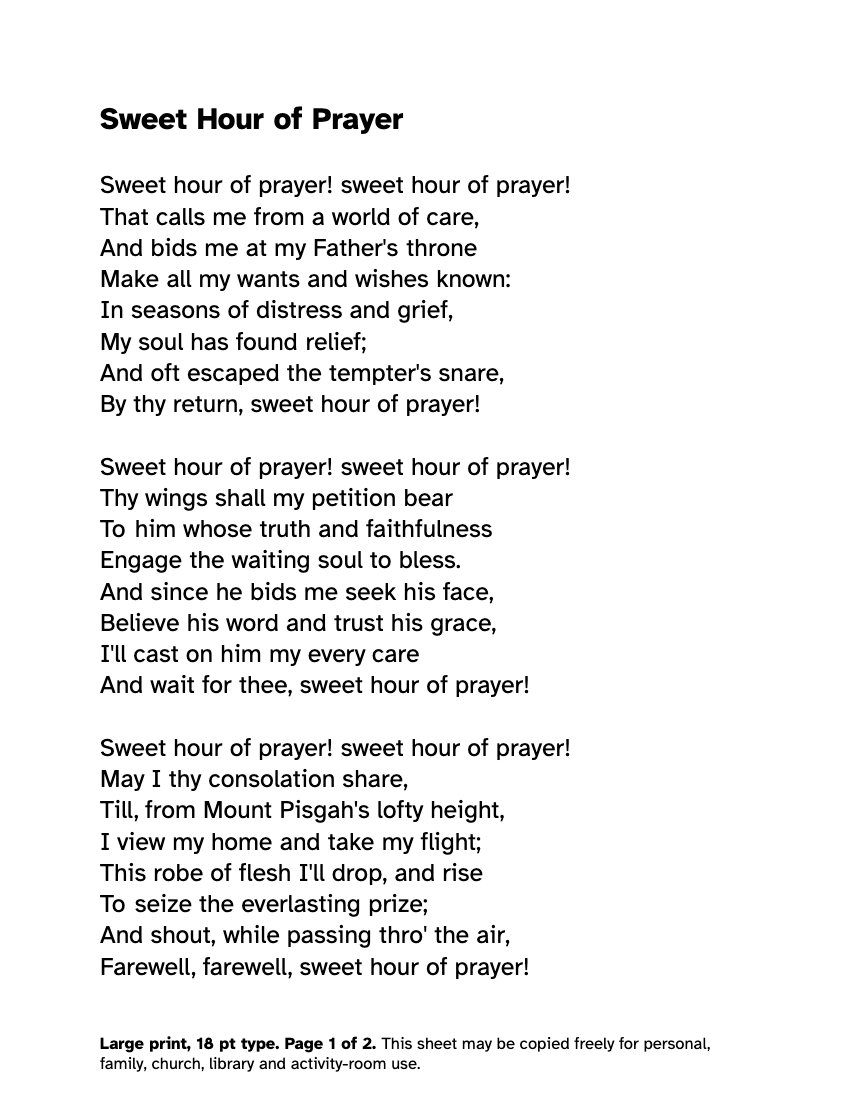 Preview of the Sweet Hour of Prayer Lyrics in Large Print: Free PDF printable, page 1, 18 point type on US Letter paper