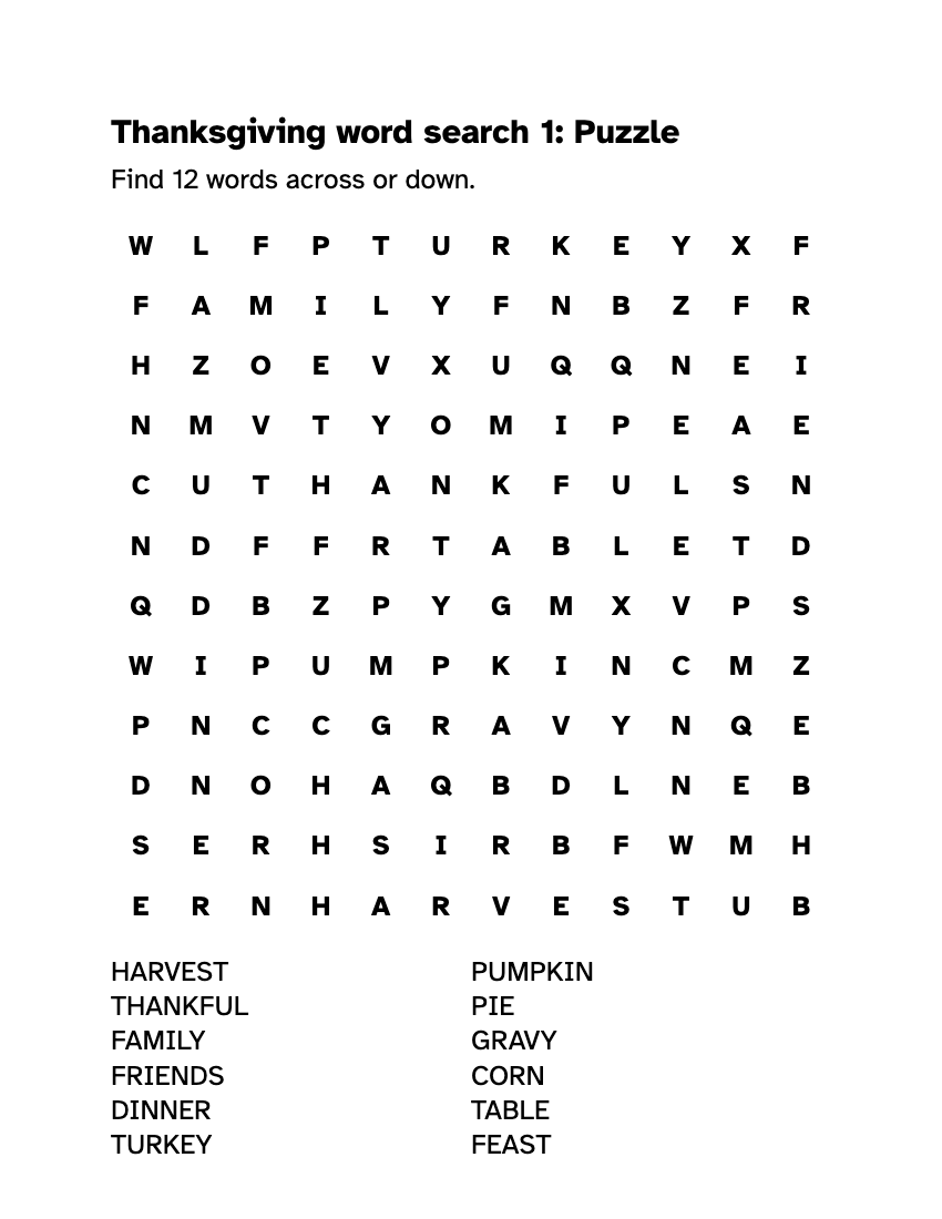 Preview of the Large Print Thanksgiving Word Search: Free PDF printable, page 1, 18 point type on US Letter paper