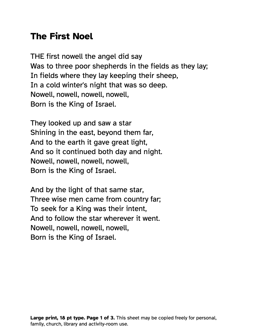 Preview of the The First Noel Lyrics in Large Print: Free Printable PDF printable, page 1, 18 point type on US Letter paper