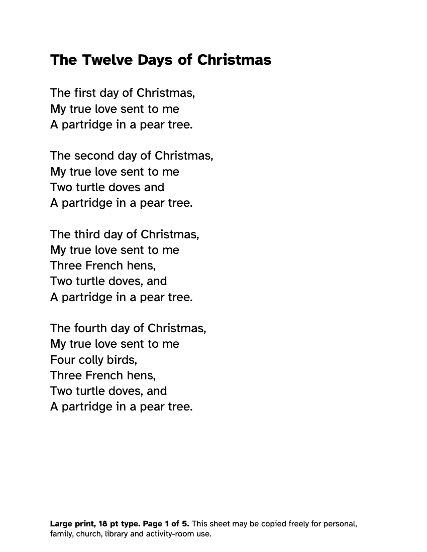 Preview of the The Twelve Days of Christmas in Large Print: Free PDF printable, page 1, 18 point type on US Letter paper