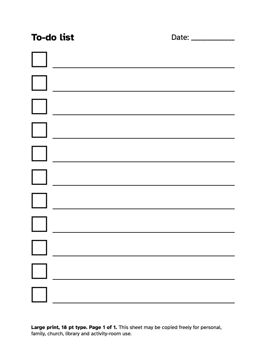 Preview of the Large Print To Do List: Free Printable Checklist printable, page 1, 18 point type on US Letter paper