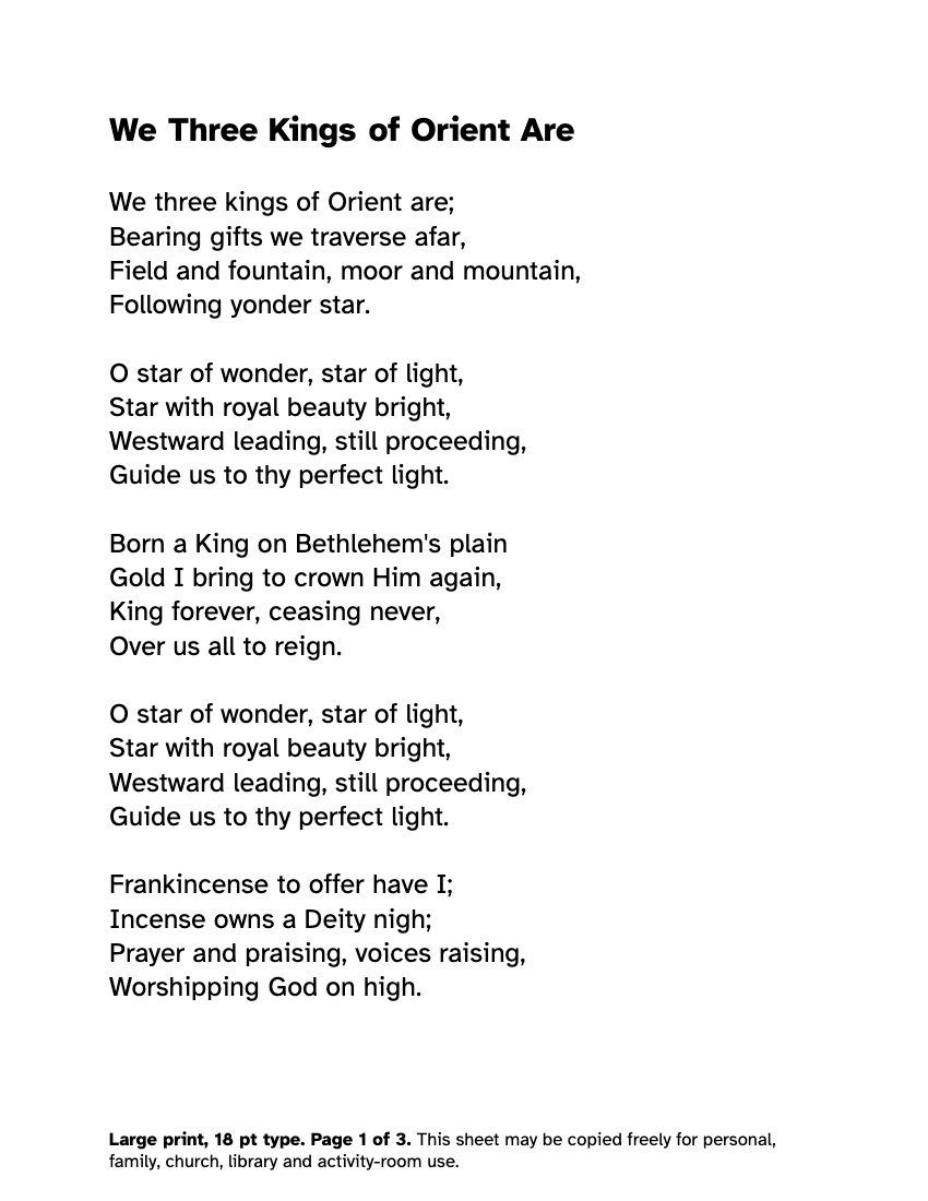 Preview of the We Three Kings Lyrics in Large Print: Free Printable PDF printable, page 1, 18 point type on US Letter paper