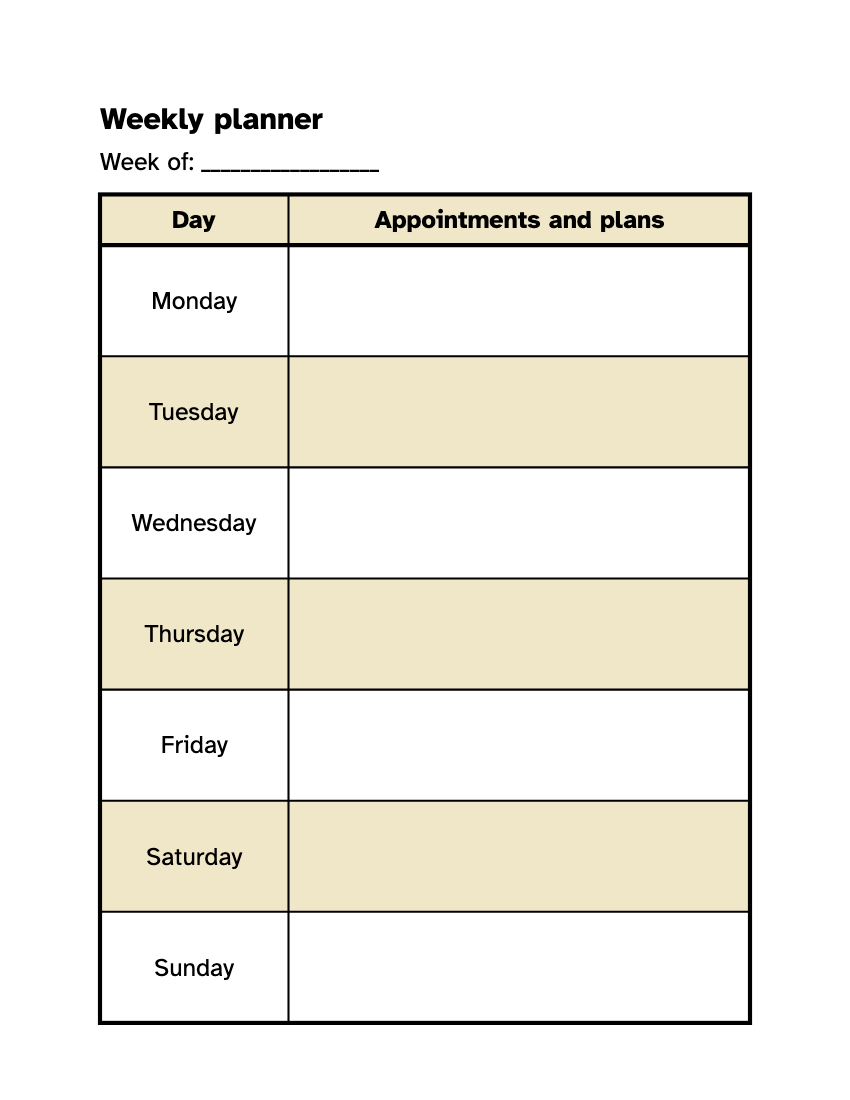 Preview of the Large Print Weekly Planner: Free Printable PDF printable, page 1, 18 point type on US Letter paper