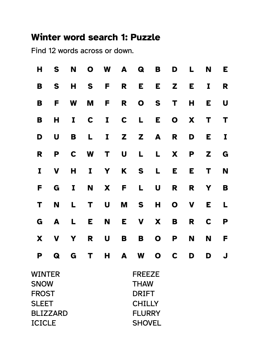 Preview of the Large Print Winter Word Search: PDF with Answers printable, page 1, 18 point type on US Letter paper