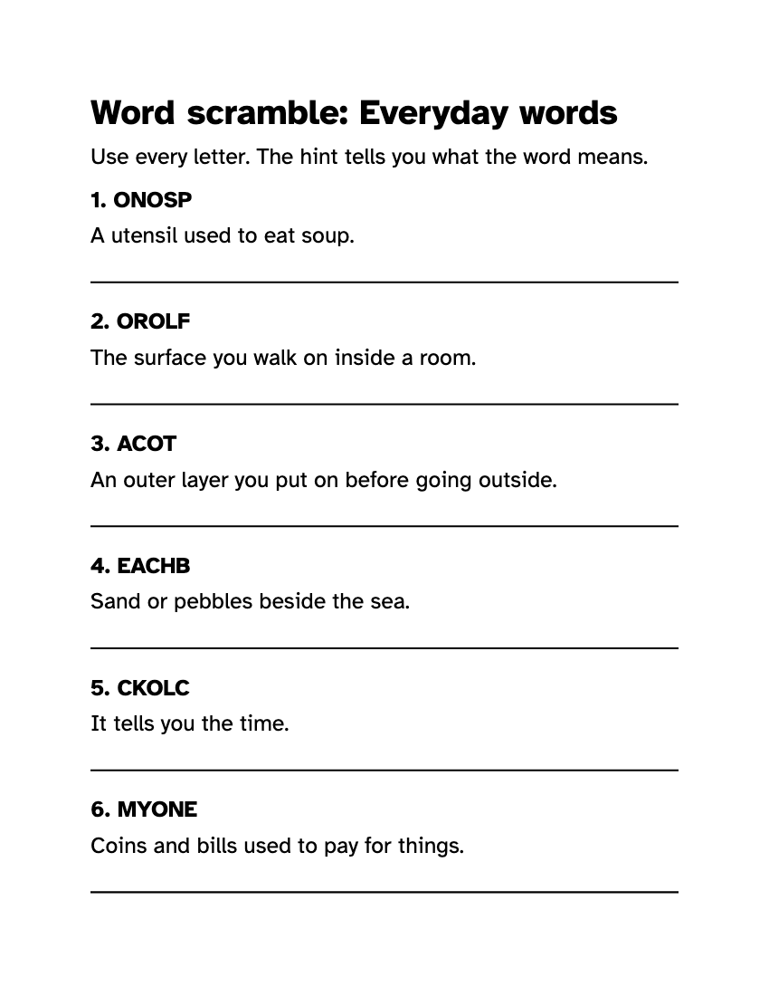 Preview of the Large Print Word Scramble with Answers: Printable PDF printable, page 1, 18 point type on US Letter paper