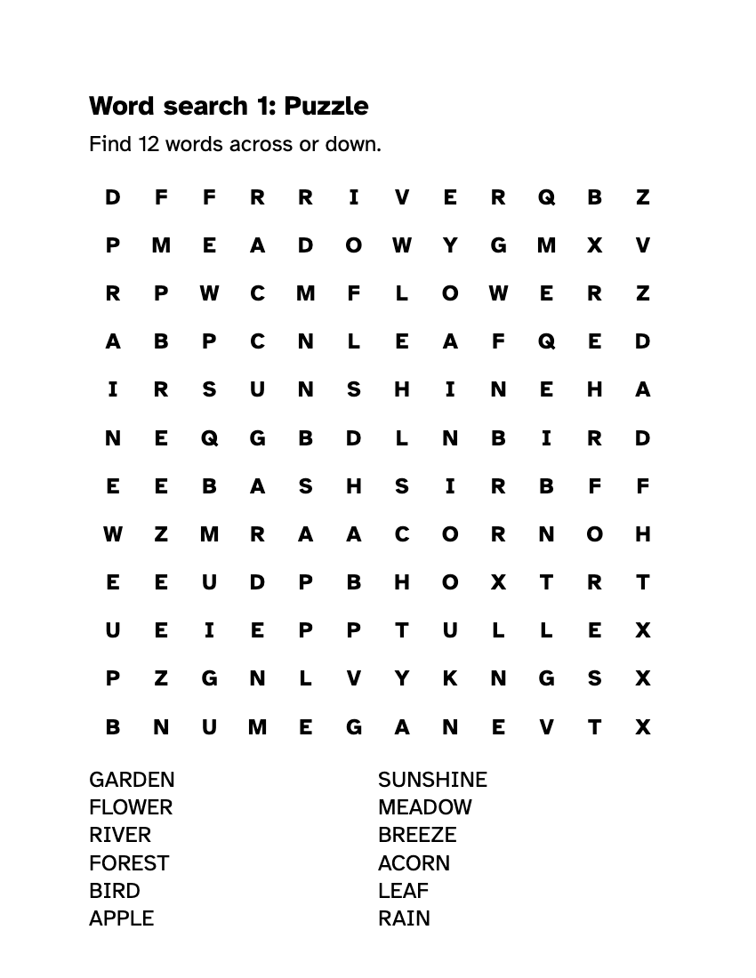 Preview of the Large Print Word Search: Free Printable PDF printable, page 1, 18 point type on US Letter paper