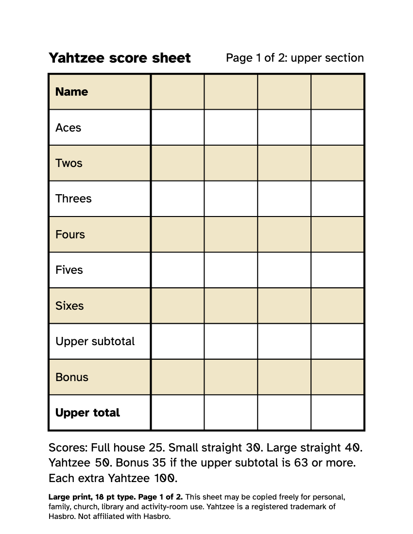 Preview of the Large Print Yahtzee Score Sheet: Free Printable PDF printable, page 1, 18 point type on US Letter paper