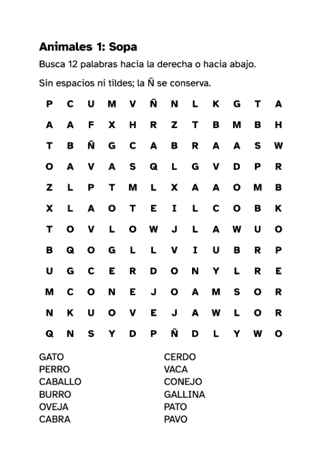Sopa de letras de animales en letra grande para imprimir