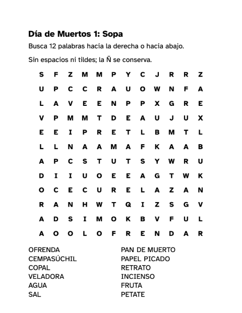 Sopa de letras de Día de Muertos para imprimir en PDF