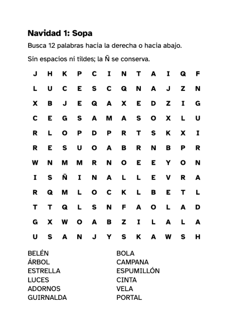 Sopa de letras de Navidad para imprimir con soluciones